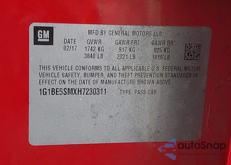 2017 Chevrolet Cruze Lt Auto z USA, uszkodzony, nr VIN 1G1BE5SMXH7230311